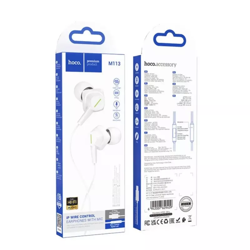 Hoco M113 Clear Universal digitaaliset kuulokkeet mikrofonilla Apple Lightning, valkoinen