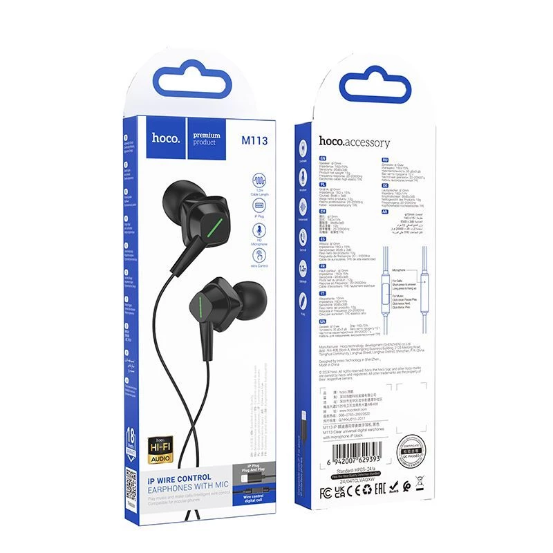 Hoco M113 Clear universaalit digitaaliset nappikuulokkeet mikrofonilla iPhone/iPad (Lightning)