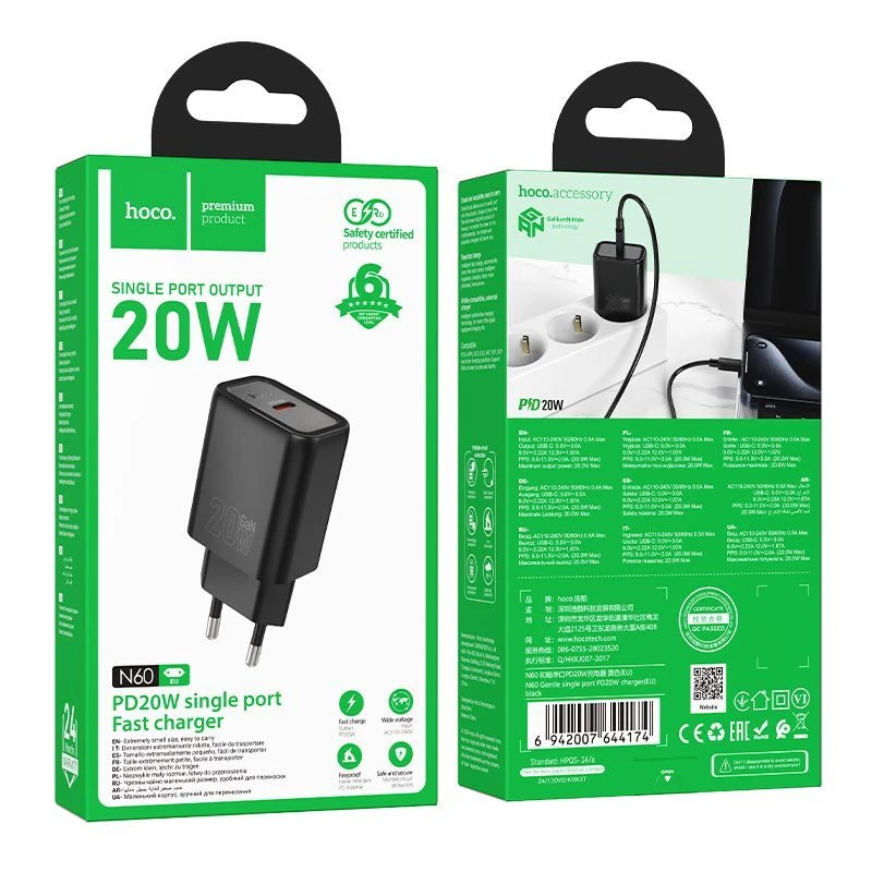 Hoco N60 Gentle yksiporttinen PD20W-laturi (EU) musta