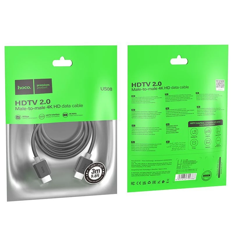 Hoco US08 HDMI 2.0 kaapeli 3m musta 4K HDR kultapinnoitettu
