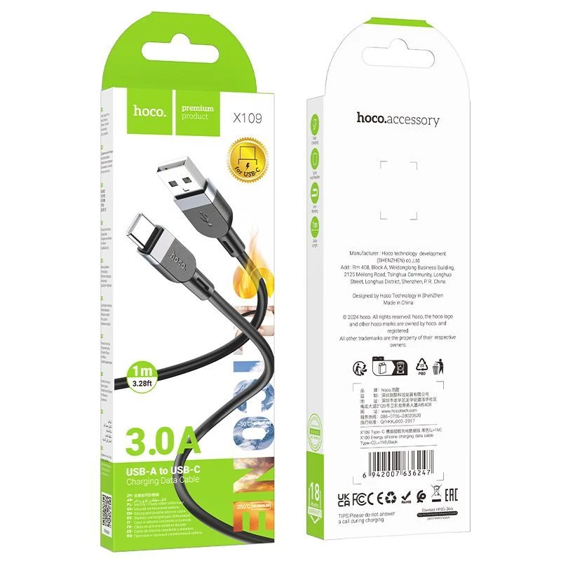 Hoco X109 Energy silikoninen lataus- ja datakaapeli USB-A - USB-C 1 m musta
