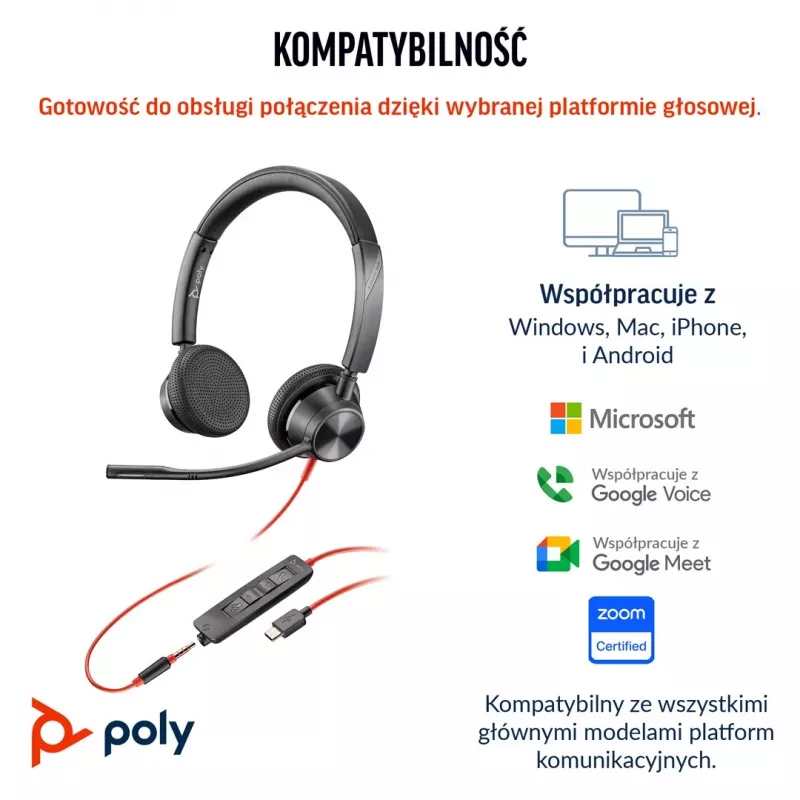 HP Poly Blackwire 3325 stereo Microsoft Teams -sertifioitu USB-C kuuloke +3,5mm liitin +USB-C/A sovitin