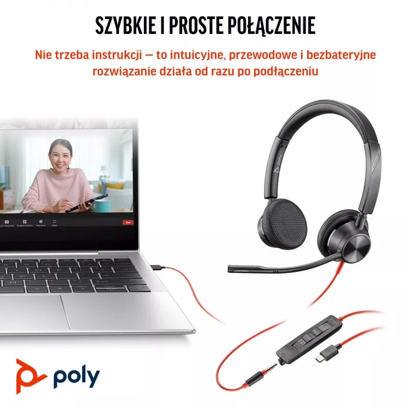HP Poly Blackwire 3325 stereo Microsoft Teams -sertifioitu USB-C kuuloke +3,5mm liitin +USB-C/A sovitin