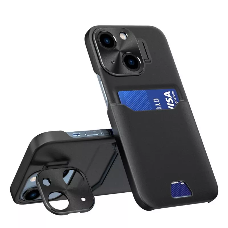 HURTEL iLike Apple iPhone 14 -nahkainen jalustakotelo korttikotelolla ja jalustalla musta