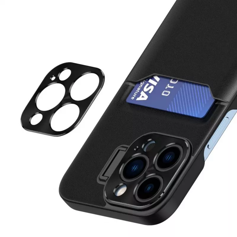 HURTEL iLike Apple iPhone 14 -nahkainen jalustakotelo korttikotelolla ja jalustalla musta