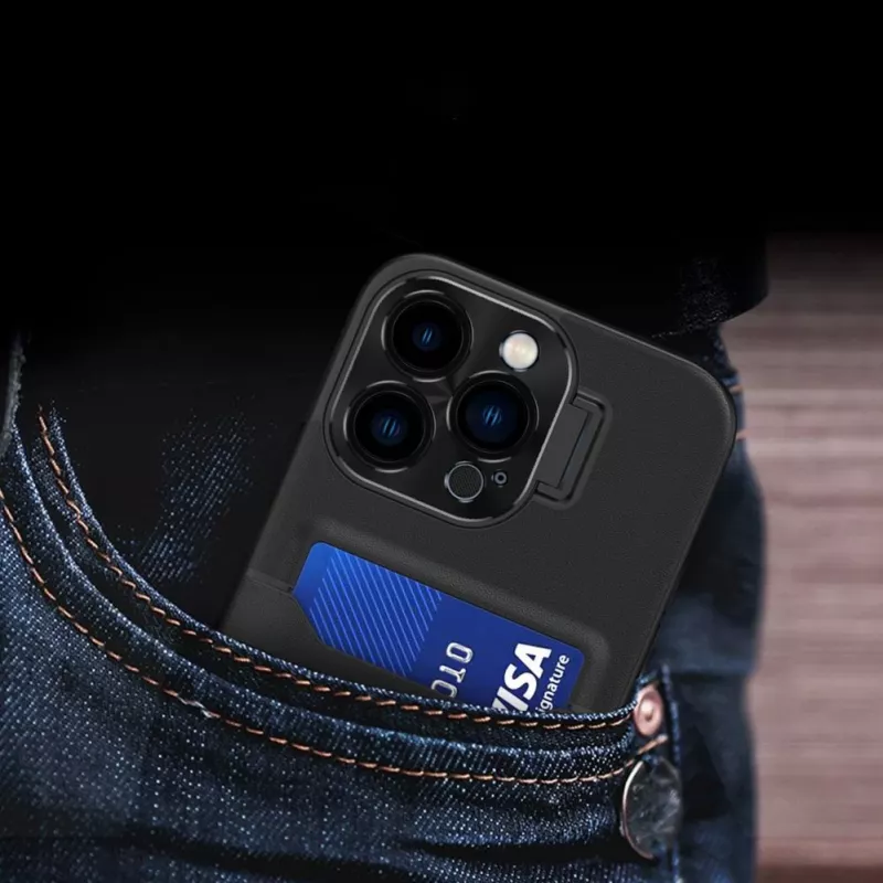 HURTEL iLike Apple iPhone 14 -nahkainen jalustakotelo korttikotelolla ja jalustalla musta
