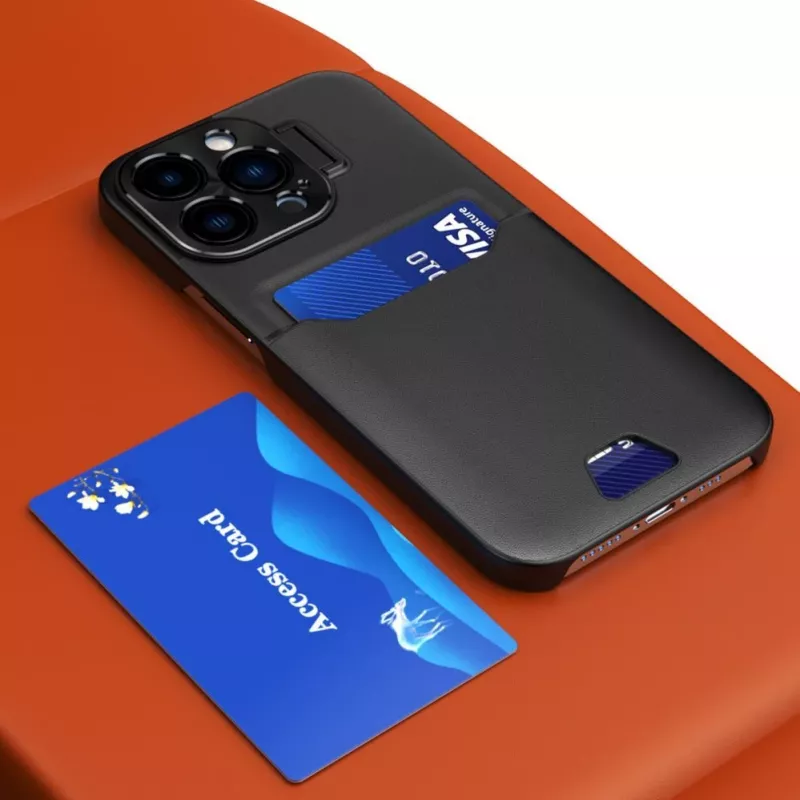 HURTEL iLike Apple iPhone 14 -nahkainen jalustakotelo korttikotelolla ja jalustalla musta
