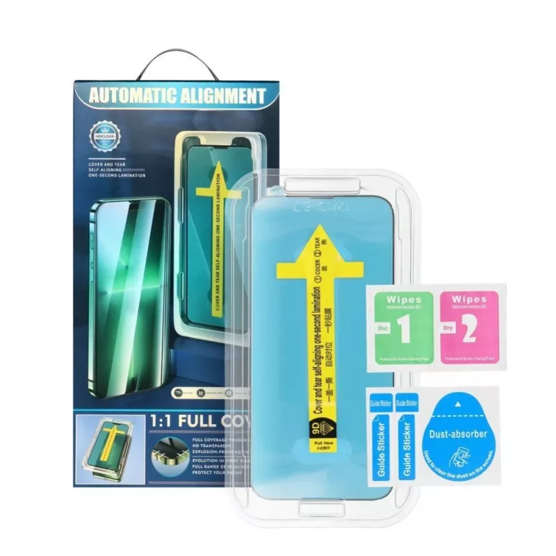iLike Apple 5D Full Glue karkaistu lasi iPhone 13 / 13 Pro / 14 musta + asennusteline