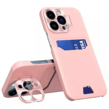 iLike Apple iPhone 14 Pro nahkainen jalustakotelo korttitaskulla ja jalustalla pinkki