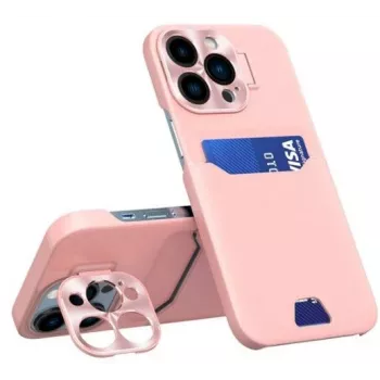 iLike Apple iPhone 14 Pro Max korttikotelkotelo jalustalla, nahkainen jalustakotelo, pinkki