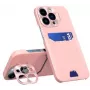 iLike Apple iPhone 14 Pro Max korttikotelkotelo jalustalla, nahkainen jalustakotelo, pinkki
