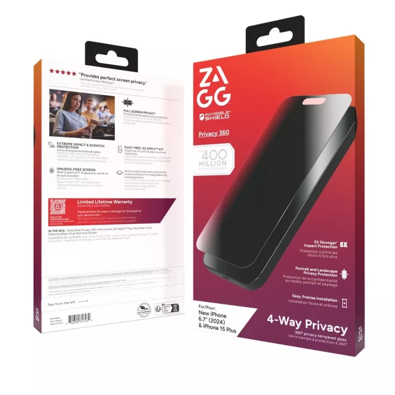 InvisibleShield Glass Elite Privacy 360 näytönsuoja Apple iPhone 16 Plus / 15 Plus
