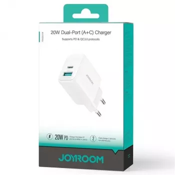 Joyroom 20W kaksiporttinen (USB-A + USB-C) -laturi EU-pistoke valkoinen