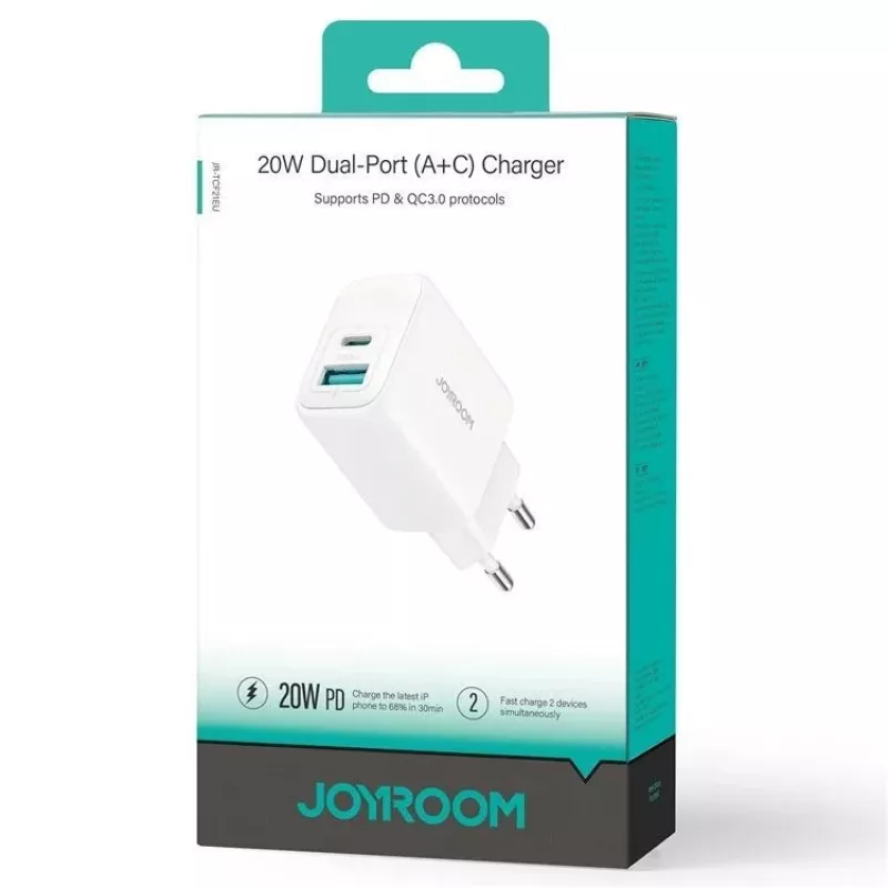 Joyroom 20W kaksiporttinen (USB-A + USB-C) -laturi EU-pistoke valkoinen