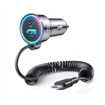 Joyroom autolaturi 3-in-1, C+U Type-C-kierrekaapelilla 1,6m, 72W, musta (JR-CL07)