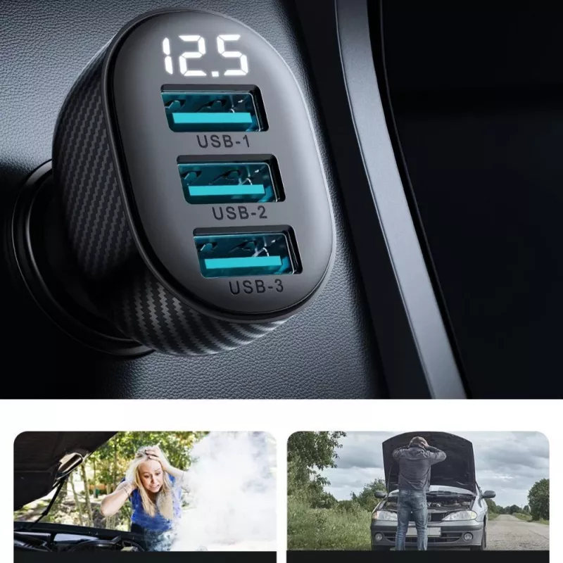 Joyroom JR-CCD03 autolaturi digitaalinäytöllä, 3x USB-A, 17W, 3,4A, musta