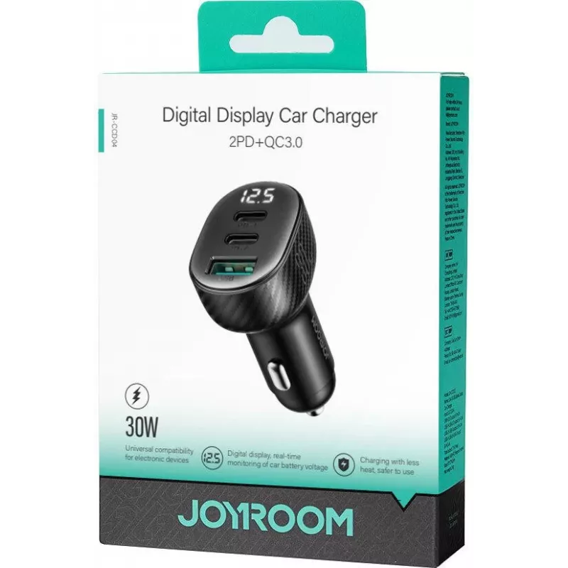 Joyroom JR-CCD04 autolaturi 30W 2x USB-C USB-A digitaalinäytöllä - musta