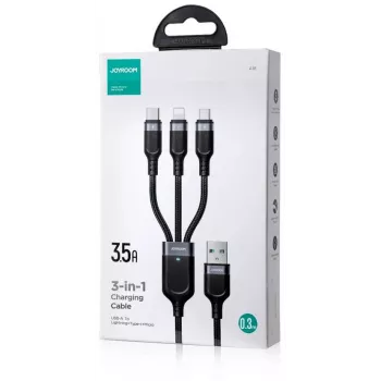 JOYROOM S-1T3018A18 3-in-1-monilatauskaapeli USB-A - USB-C/Micro-USB/Lightning, 30cm punottu nailon, 3.5A, musta