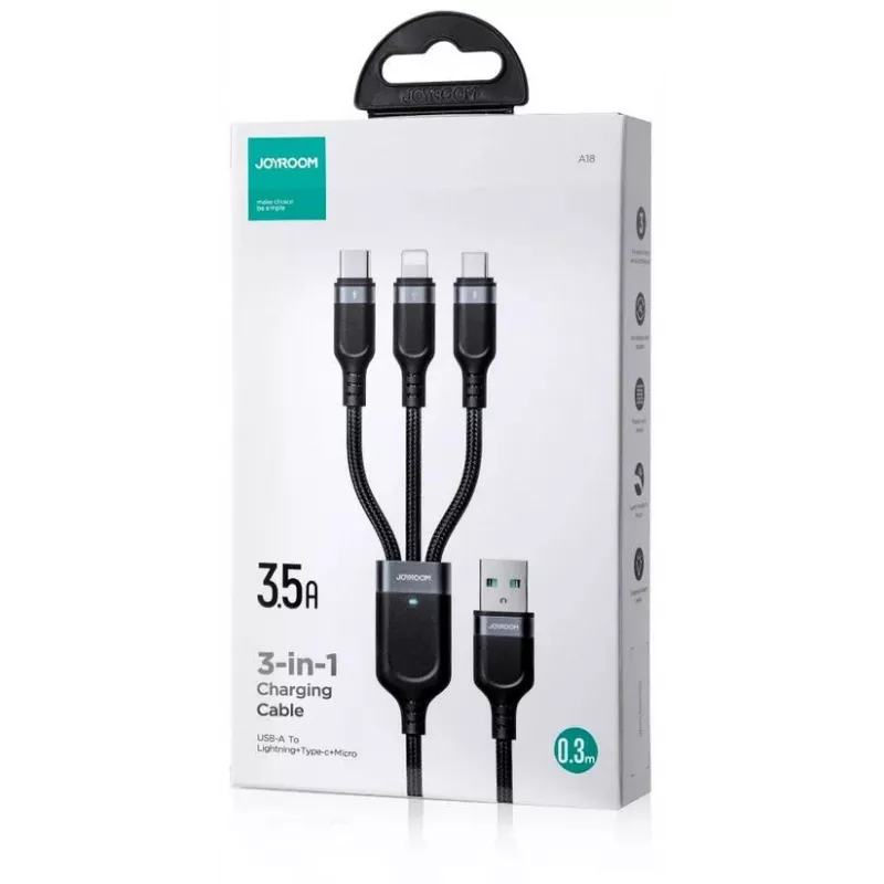 JOYROOM S-1T3018A18 3-in-1-monilatauskaapeli USB-A - USB-C/Micro-USB/Lightning, 30cm punottu nailon, 3.5A, musta