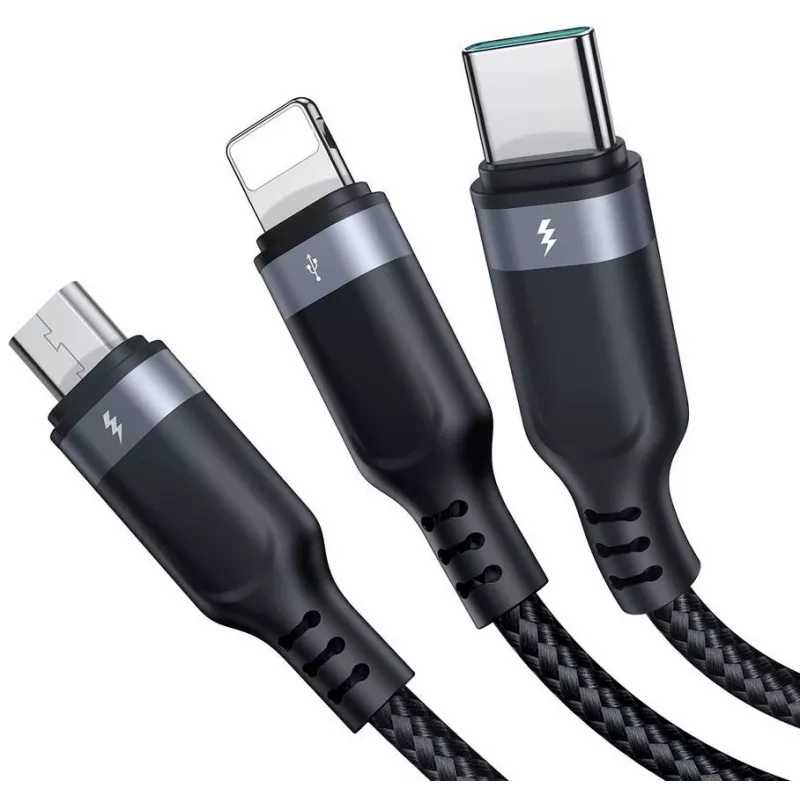 JOYROOM S-1T3018A18 3-in-1-monilatauskaapeli USB-A - USB-C/Micro-USB/Lightning, 30cm punottu nailon, 3.5A, musta