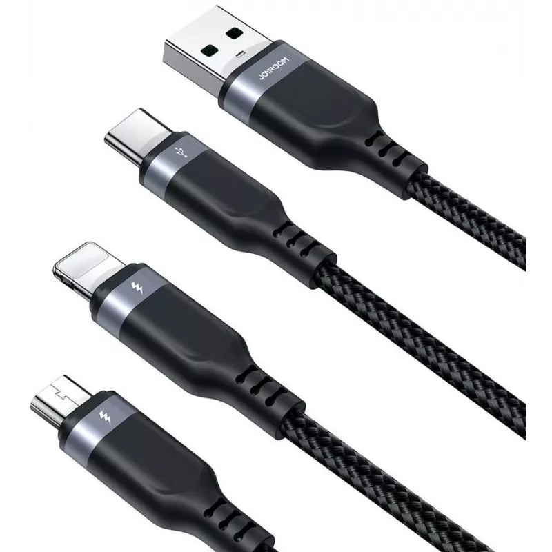 JOYROOM S-1T3018A18 3-in-1-monilatauskaapeli USB-A - USB-C/Micro-USB/Lightning, 30cm punottu nailon, 3.5A, musta