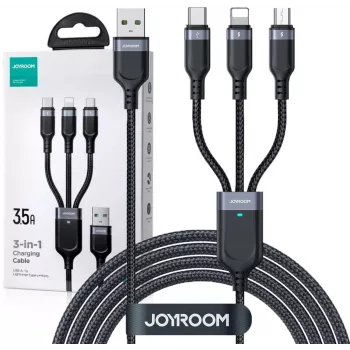 JOYROOM S-1T3018A18 3-in-1-monilatauskaapeli USB-A - USB-C/Micro-USB/Lightning, 30cm punottu nailon, 3.5A, musta
