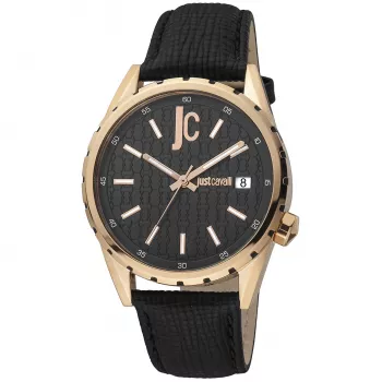 JUST CAVALLI MAN JC1G217L0035 analoginen kvartsikello 42mm musta kellotaulu ruostumaton teräskotelo musta nahkaranneke