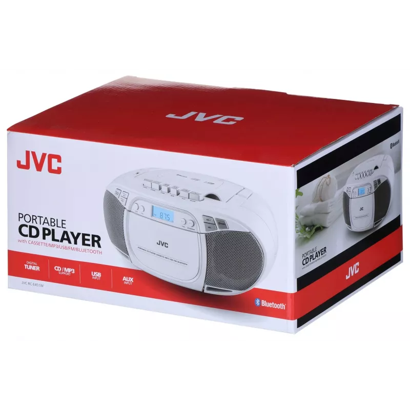 JVC RC-E451W kannettava CD-soitin FM/AM-radiolla, AUX-tulolla, Bass Boost, valkoinen