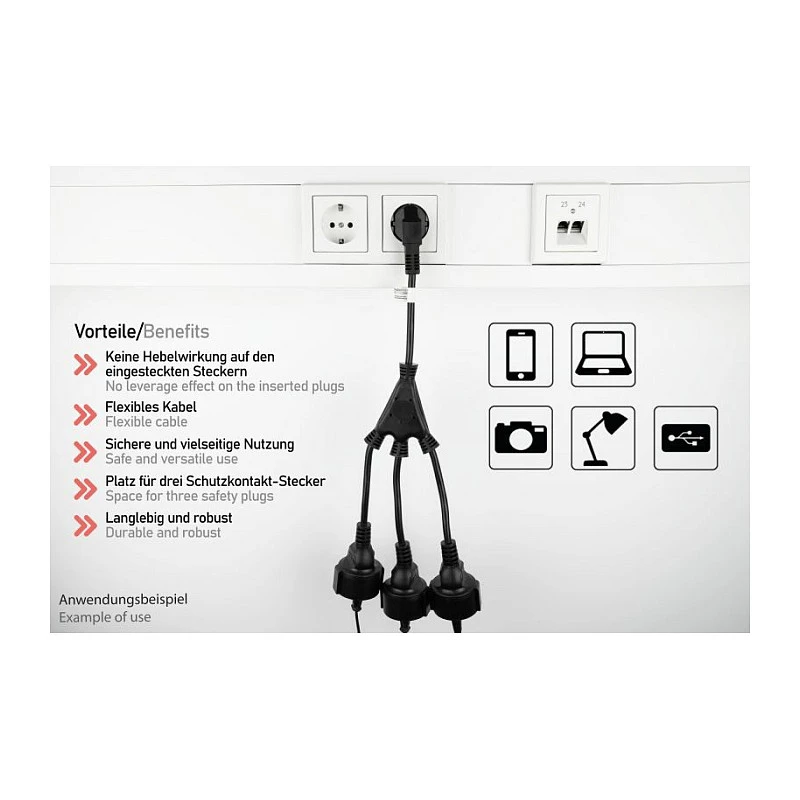Kabelmeister SK0103-S002 3-osainen Schuko-pistorasialista, 90° kulmapistoke, 0,2 m johto, musta