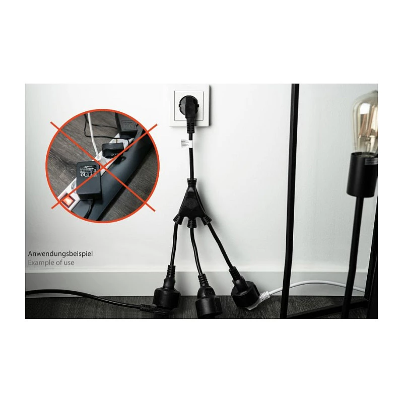 Kabelmeister SK0103-S002 3-osainen Schuko-pistorasialista, 90° kulmapistoke, 0,2 m johto, musta