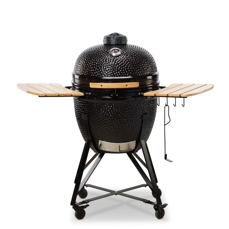 Kamado Bono Grande keraaminen grilli 23 inch puuhiiligrilli kärryllä, musta