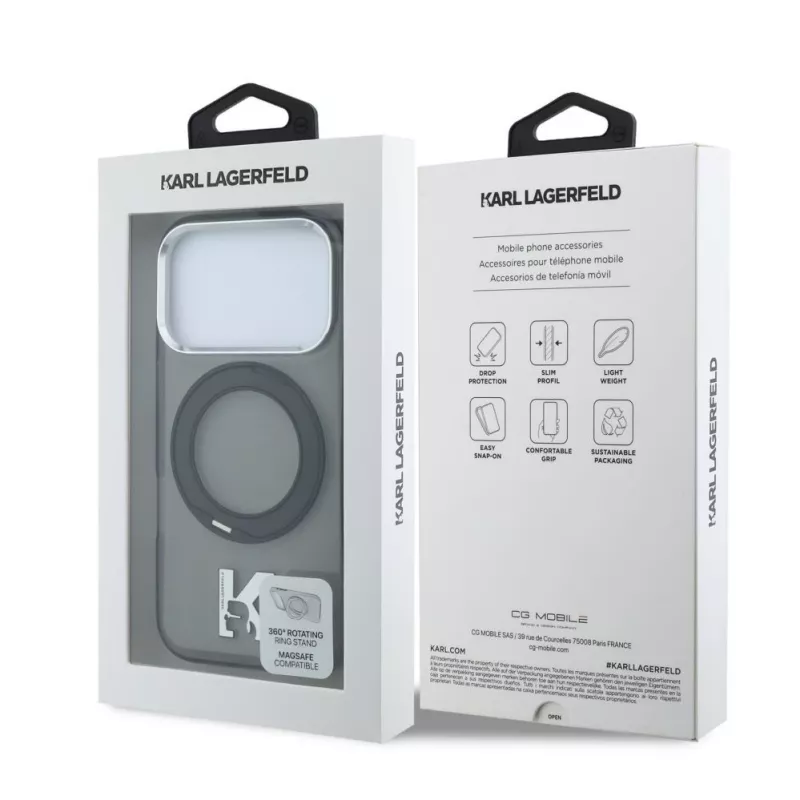 Karl Lagerfeld IML Ring Stand 360 Kameo Metal MagSafe-kotelo iPhone 18 Pro Max / 17 Pro Max -puhelimeen - musta