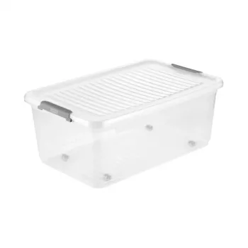 keeeper laatikko kannella ja pyörillä clipbox Leo 59x38x24cm 37L läpinäkyvä