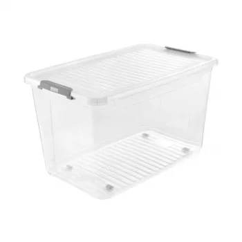 keeeper laatikko kannella ja pyörillä clipbox Leo 59x38x35,5cm 56L läpinäkyvä