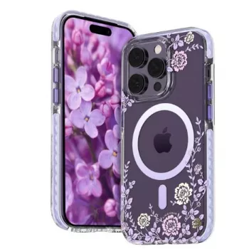 Kingxbar Apple iPhone 14 Pro MagSafe -kotelo pionikuvioinnilla Flora Series violetti