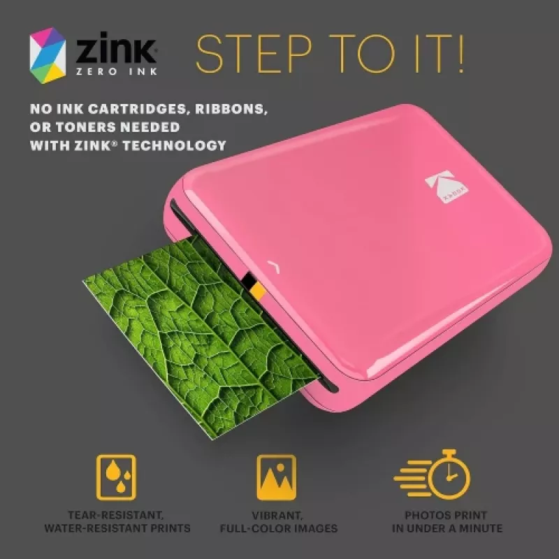 KODAK STEP pikavalo mobiilivalokuvatulostin - ZINK 2x3 tuumaa - 1 ppm - Bluetooth - vaaleanpunainen
