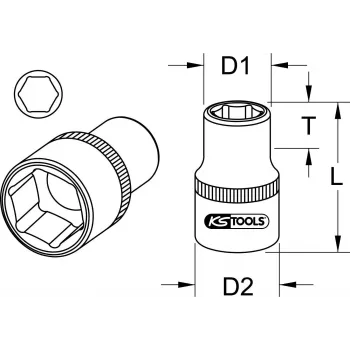 KS TOOLS 1 tuuman vääntö 38mm lyhyt kuusiokoloistukka, 6-kulmainen, kromi-vanadiini, DIN 3124 911.1038