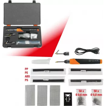 KS TOOLS 150.1010 akku-muovinkorjaussarja, 134 osaa, 3,7V Li-Ion-nitoja 200 ruostumattomalla teräsklipsillä, 450°C, säilytyslaukku