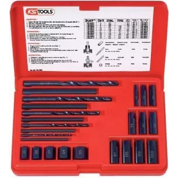 KS TOOLS 25-osainen ruuvinpoistotyökalusarja, vasenkätinen poistaja HSS, M3-M18, kierreporat ja poranohjaimet (150.1305)