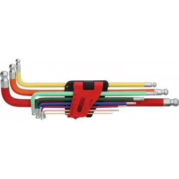 KS TOOLS 9-osainen erikoispitkä pallopääkuusiokoloavainsarja kaksoispallopäällä, 1,5-10mm, kromi-vanadiini, mattakromattu, DIN ISO 2936, ERGOTORQUEplus 151.3222