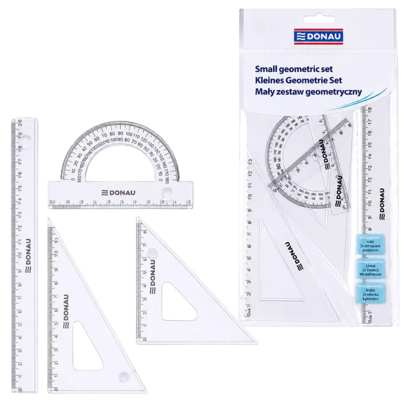 LEAN SCHOOL DONAU pieni geometriasarja, 20 cm viivain, kolmioviivaimet ja astelevy, läpinäkyvä