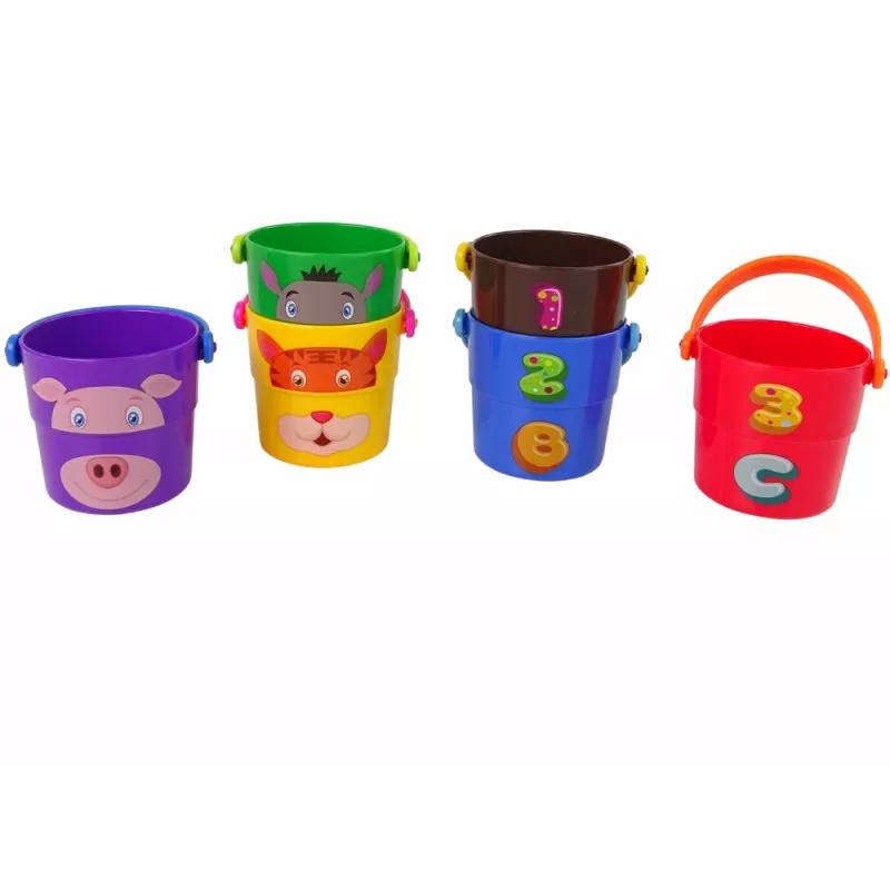 LEAN TOYS setti värikkäitä ämpäreitä eläimillä - pyramidi