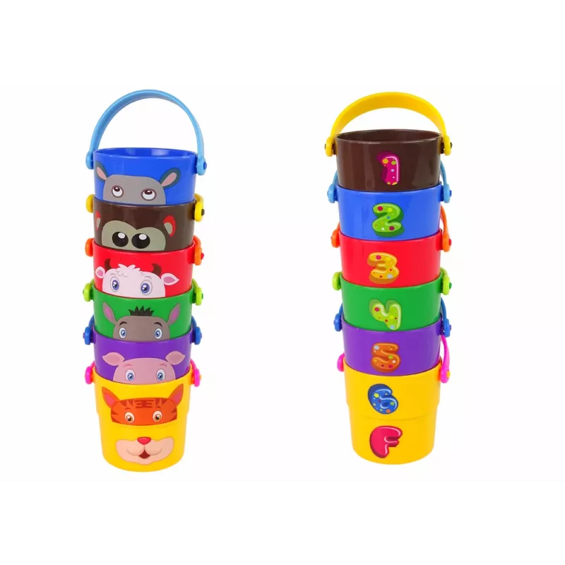 LEAN TOYS setti värikkäitä ämpäreitä eläimillä - pyramidi
