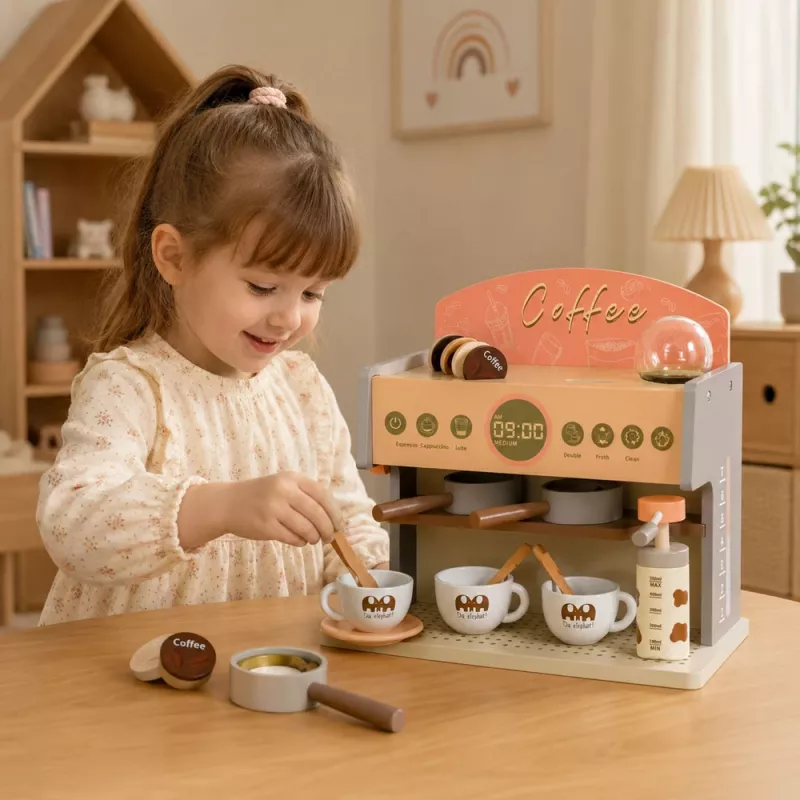 LEAN TOYS Barista-setti kahvinkeitin puiset lisäosat pinkki