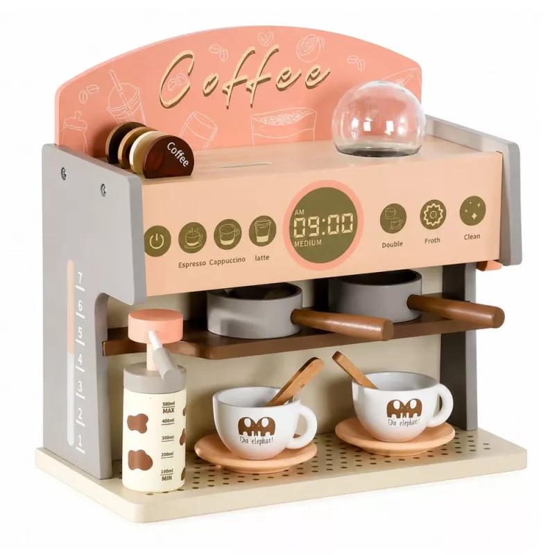 LEAN TOYS Barista-setti kahvinkeitin puiset lisäosat pinkki