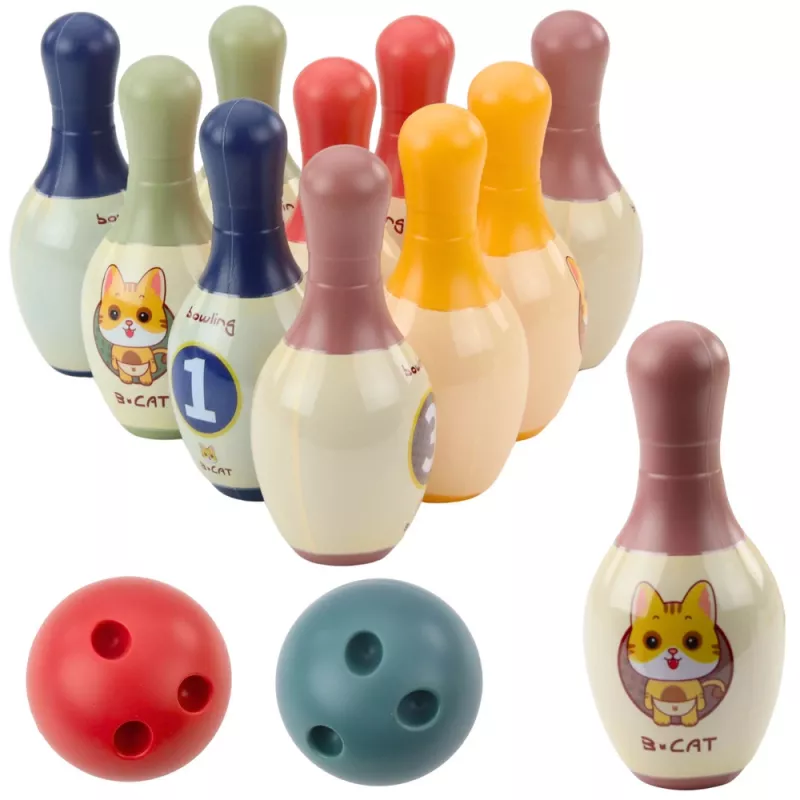 LEAN TOYS keilailusarja kissoilla lapsille, 10 keilaa, 2 värikästä palloa