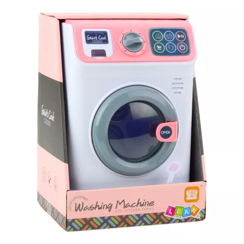 LEAN TOYS lasten pesukone pyörivällä rummulla, valoilla ja äänillä, valkoinen/pinkki