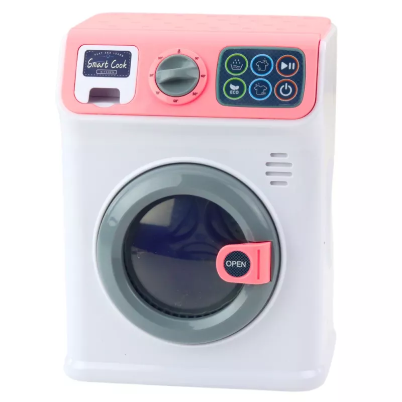 LEAN TOYS lasten pesukone pyörivällä rummulla, valoilla ja äänillä, valkoinen/pinkki