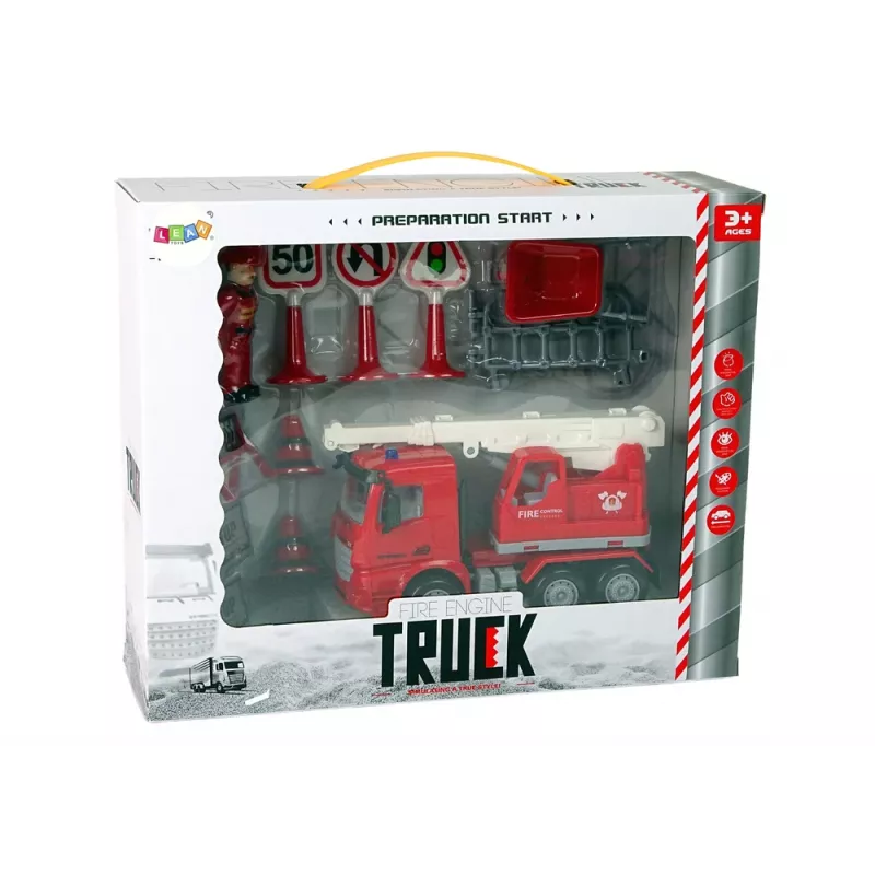 LEAN TOYS Palokalustosarja nosturilla, liikennemerkeillä ja palomiehellä