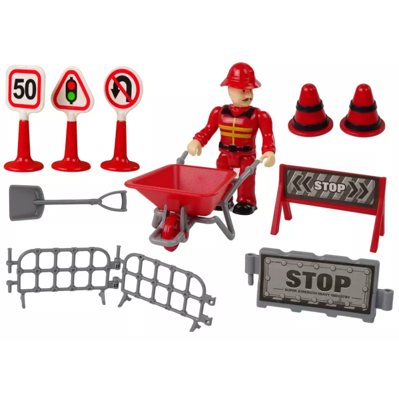 LEAN TOYS Palokalustosarja nosturilla, liikennemerkeillä ja palomiehellä